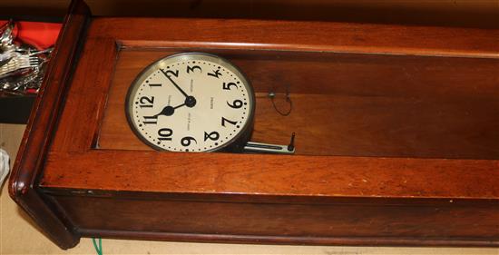 An early 20th century oak cased PUL-SYN-ETIC electric pendulum type impulse master clock and similar slave mantel timepiece, 4ft 4.5in.